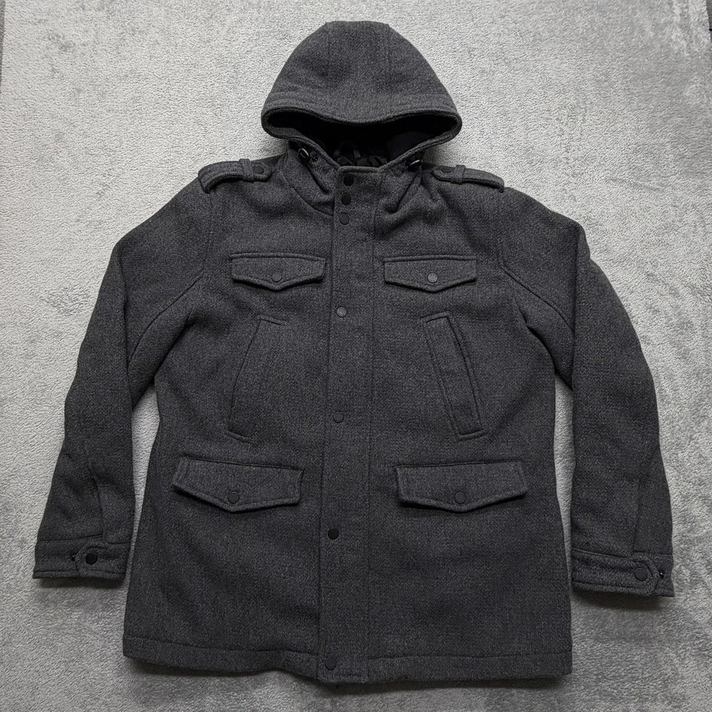 Black Rivet Jacket Mens XL Gray Wool Blend Hooded Parka Quilted Warm Coat